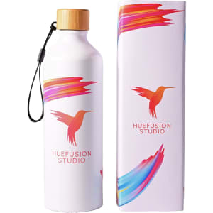 A drink bottle in white with a bamboo lid, featuring a colorful design and a logo.