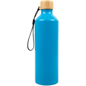 A drink bottle with a vibrant blue finish and a bamboo lid, featuring a convenient carry strap.