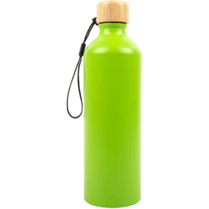 A drink bottle in vibrant green with a bamboo lid and a convenient handle. It features a simple design and a logo.