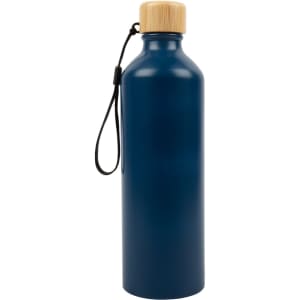 A drink bottle featuring a sleek blue aluminum design with a bamboo lid and a convenient carrying strap.