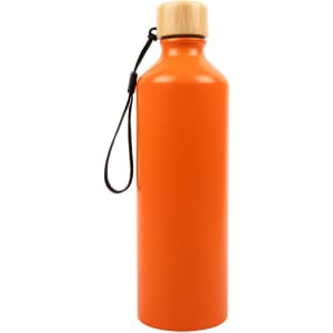 A drink bottle in vibrant orange with a bamboo lid and a black wrist strap. It features a logo.