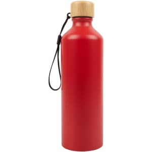 A drink bottle featuring a sleek red aluminum design and a bamboo lid. The bottle includes a convenient carrying strap.