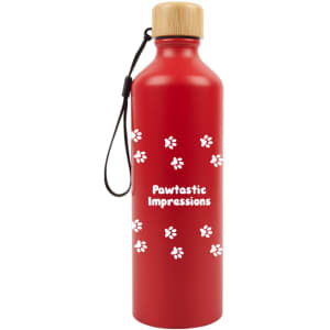 A drink bottle in red with a bamboo lid and a logo, featuring a paw print design.