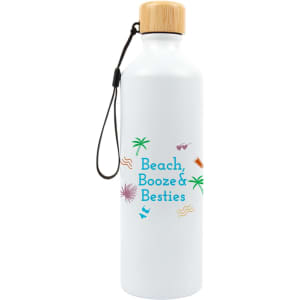 A drink bottle in white with a bamboo lid and a logo. Features colorful graphics of palm trees and beach-related elements.