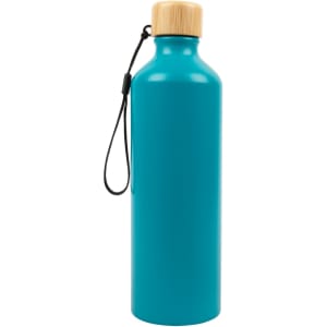 A drink bottle made of aluminum in a vibrant teal color, featuring a bamboo lid and a carrying strap.