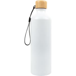A drink bottle made of aluminium with a sleek white finish and a bamboo lid, featuring a convenient strap.