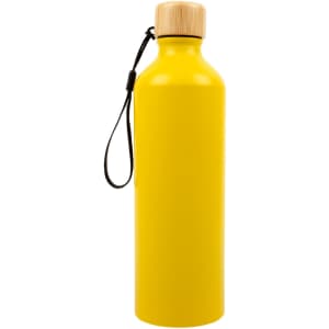 A drink bottle in bright yellow featuring a bamboo lid and a carrying strap. Includes a logo on the surface.