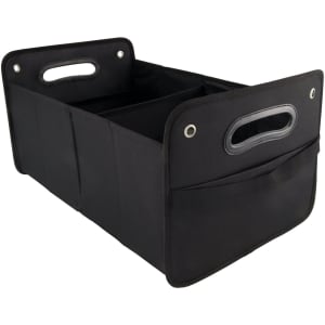 A black cargo storage organiser with multiple compartments and carrying handles, featuring a side pocket.