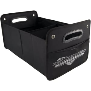 A black cargo storage organiser featuring multiple compartments and handles for easy transport. Includes a branding logo.