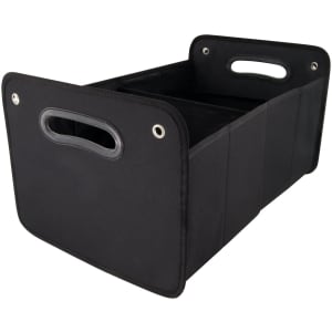 A black cargo storage organiser with two handles and multiple compartments for efficient storage.