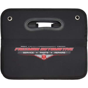 A black cargo storage organiser with handles and a logo, featuring a rectangular design and secure closure.