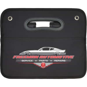 A black storage organiser with a handle and a logo featuring a car design. Ideal for office or business use.