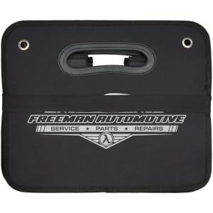 A black cargo storage organiser with a handle and a logo. Features a zippered compartment for miscellaneous items.