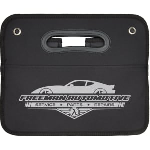 A black storage organiser with a handle and a logo featuring a car silhouette.