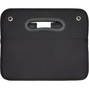 A black cargo storage organiser with a handle and a front pocket, featuring metal eyelets.