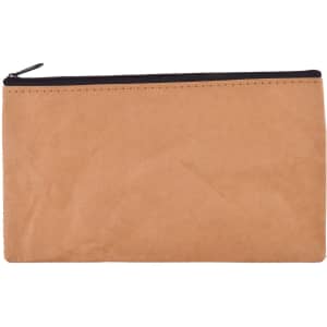 A kraft paper pouch in brown with a black zipper, featuring a simple design and a branding logo.