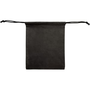 A black drawstring pouch with a simple design and drawstring closure, featuring a logo.