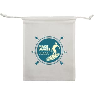 A cream drawstring pouch featuring a surfboard design and a logo. It has a simple, beach-themed aesthetic.