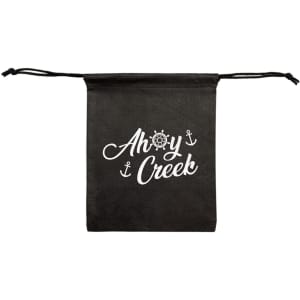 A black drawstring pouch with a logo featuring nautical elements and the text "Ahoy Creek."