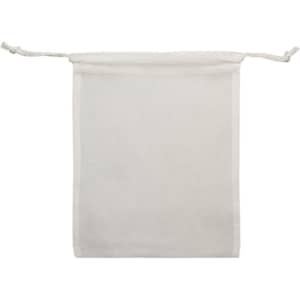 A white drawstring pouch with a simple design and a cord closure, suitable for various small items.