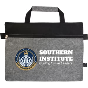A grey and black felt satchel with a top handle and a front zipper, featuring a logo.