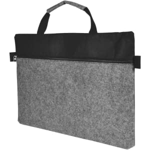 A grey felt satchel with a black top and handle, featuring a zippered compartment and a simple design.