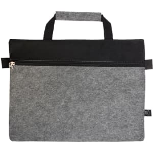 A grey felt satchel with a black top panel, featuring a zippered pocket and a short handle. It has a logo.