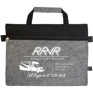 A grey felt satchel with a black top and a zip, featuring a logo and contact details for RV rentals.