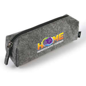 A gray felt utility case with a zipper and a logo on the side.