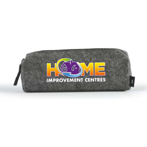 A gray utility case with a zipper, featuring a logo on one side.