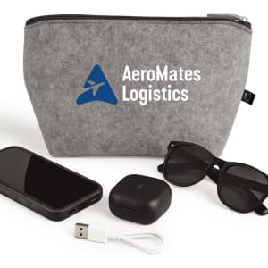 A grey felt pouch with a logo, accompanied by sunglasses, a phone, and a charging cable.
