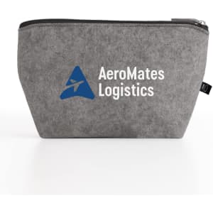 A grey felt pouch with a zipper, featuring a logo on the side. Suitable for toiletries and accessories.