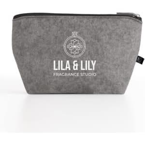 A grey felt pouch with a zip closure, featuring a logo on the front. Suitable for toiletries and accessories.