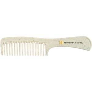 A hair comb in a speckled white design with a sleek handle and a branding logo on the side.