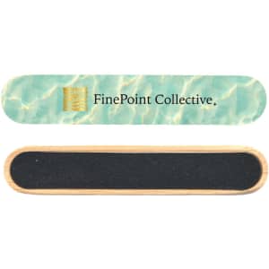 A nail file with a turquoise water design and a black sanding surface, featuring a logo on one side.