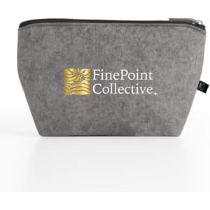 A grey cosmetic pack with a zip closure and a logo, suitable for toiletries and accessories.