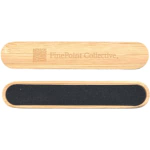 A bamboo nail file with a smooth wood exterior and a textured black filing surface; features a logo.
