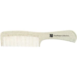 A white comb with a textured finish and a logo on the handle.