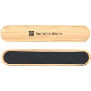 A bamboo nail file featuring a dark sanding surface and a logo. The design is sleek and minimalist.