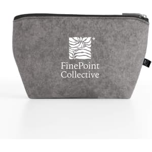 A grey cosmetic pack featuring a branding logo, with a structured design and zip closure.