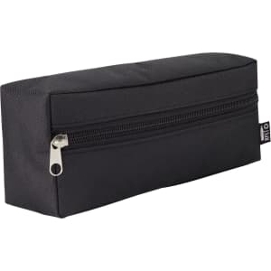 A black utility case with a rectangular shape and a zippered closure. It features a logo on the side.