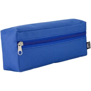 A blue utility case featuring a zippered compartment and a flat rectangular shape. It has a branded label.