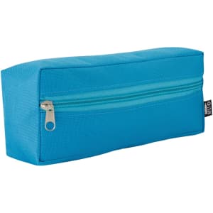 A turquoise utility case with a zippered compartment and a rectangular shape. It features a logo.