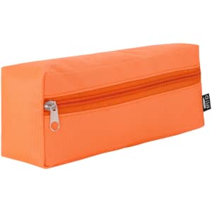 An orange utility case with a zippered compartment, featuring a sturdy rectangular design and a logo tag.
