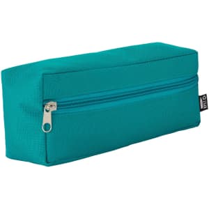 A teal utility case with a zippered compartment and a rectangular shape, featuring a subtle logo.