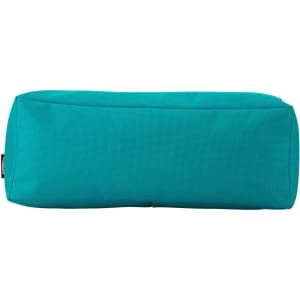 A teal utility case with a rectangular design, featuring a logo on one side.