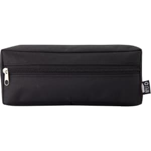 A black utility case with a zip closure, featuring a logo on the side.