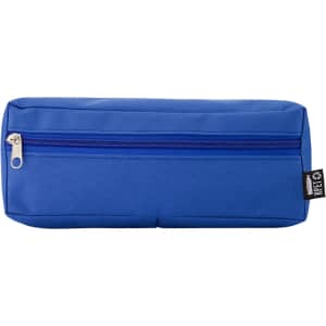 A blue utility case with a zippered closure and a tag, featuring a simple, rectangular design.