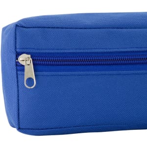 A blue utility case featuring a zip closure and a textured fabric. It has a logo on the side.