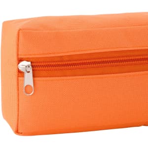 An orange utility case with a zippered pocket, featuring a textured fabric. It has a rectangular shape and a simple design.